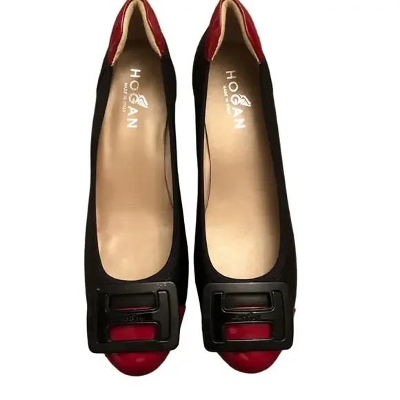 Hogan Block Heel Pumps Black with Red Cap Toe Leather and Patent 2" heel size 38 - Picture 4 of 15